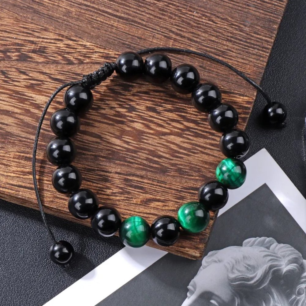 10mm Black Natural Stone & Green Tiger's Eye Beaded Adjustable Rope Bracelet NEW